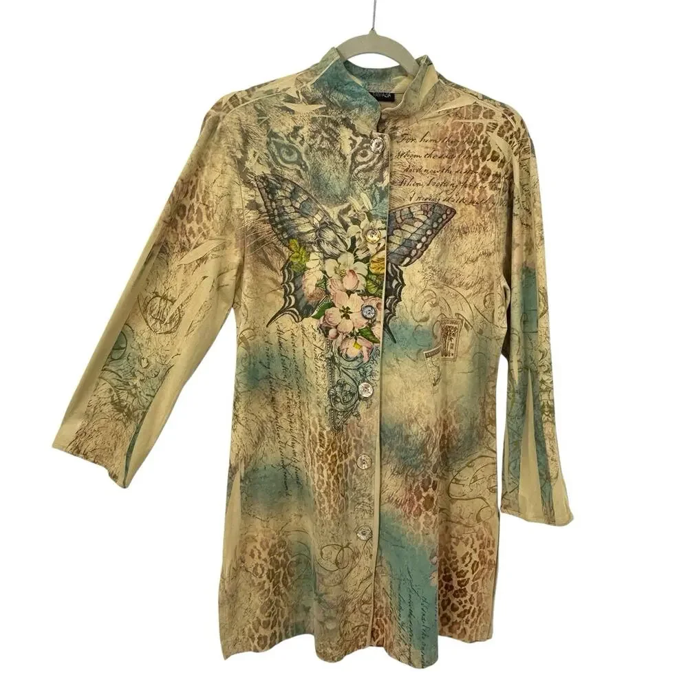 Faux Suede Butterfly Cat Print Tunic Top Women size Medium Button Up Y2K Artsy - Picture 2 of 11